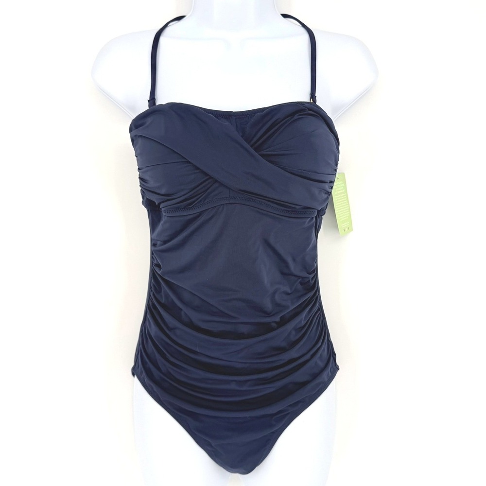 Garnet‎ Hill Navy Blue Ruched Crossover One Piece Swimsuit 33497 Womens 8 NEW